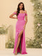 Sheath/Column Off-the-Shoulder Spaghetti Straps Long Formal Dresses with Split Side