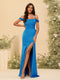 Sheath/Column Off-the-Shoulder Spaghetti Straps Long Formal Dresses with Split Side