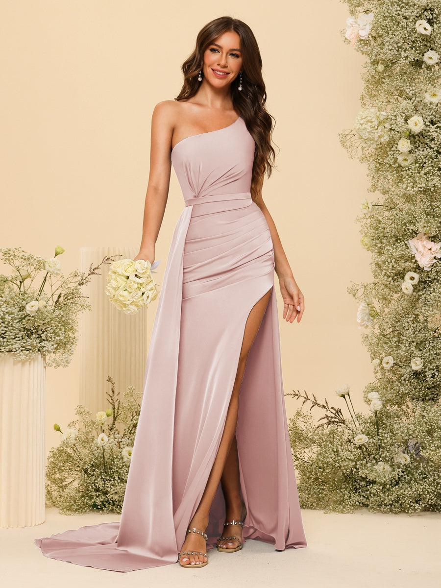 Sheath/Column One-Shoulder Long Formal Dresses with Split Side &amp; Ruched