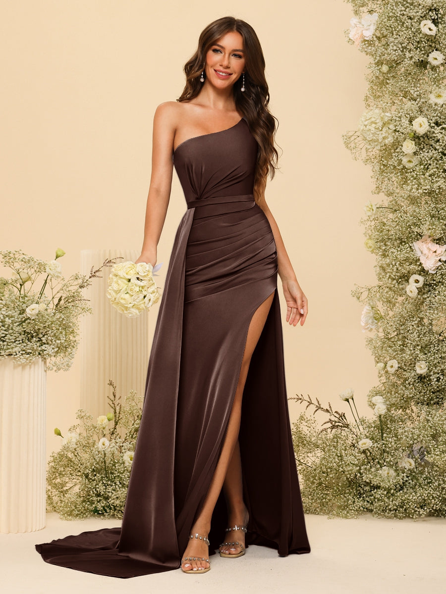 Sheath/Column One-Shoulder Long Formal Dresses with Split Side &amp; Ruched