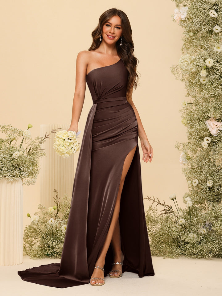 Sheath/Column One-Shoulder Long Formal Dresses with Split Side &amp; Ruched