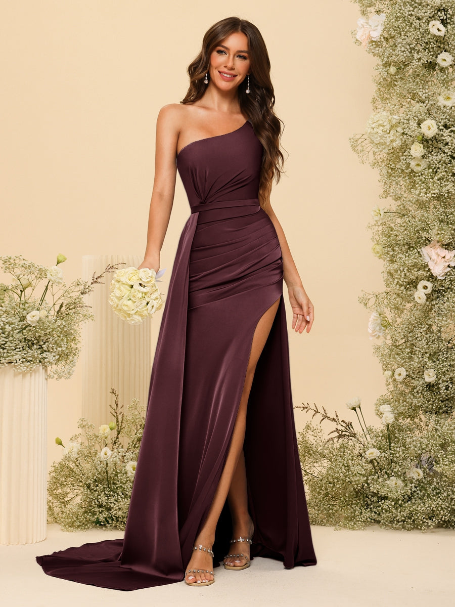 Sheath/Column One-Shoulder Long Formal Dresses with Split Side & Ruche