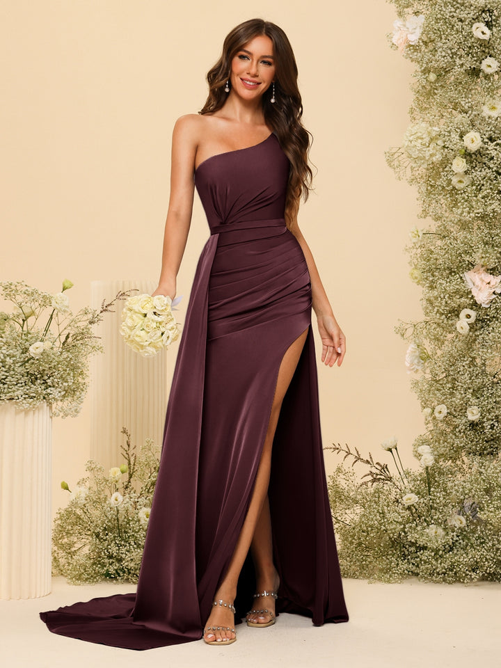 Sheath/Column One-Shoulder Long Formal Dresses with Split Side &amp; Ruched