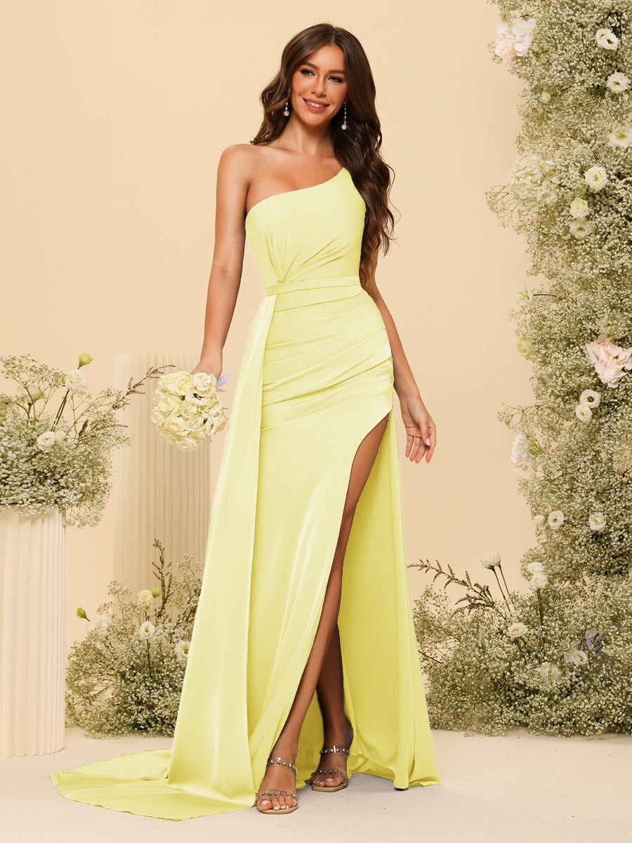 Sheath/Column One-Shoulder Long Formal Dresses with Split Side &amp; Ruched
