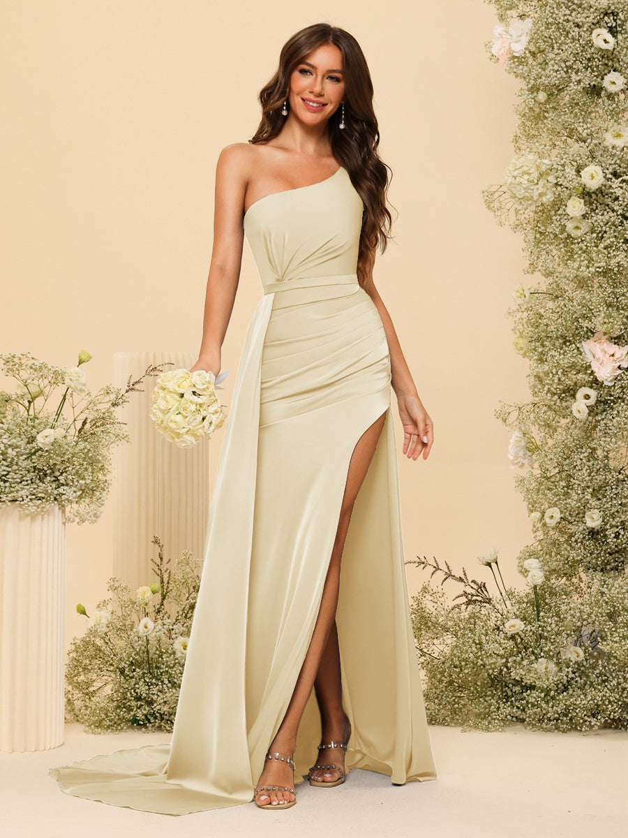 Sheath/Column One-Shoulder Long Formal Dresses with Split Side &amp; Ruched