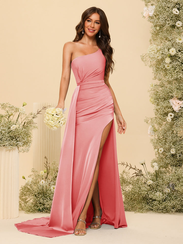 Sheath/Column One-Shoulder Long Formal Dresses with Split Side &amp; Ruched