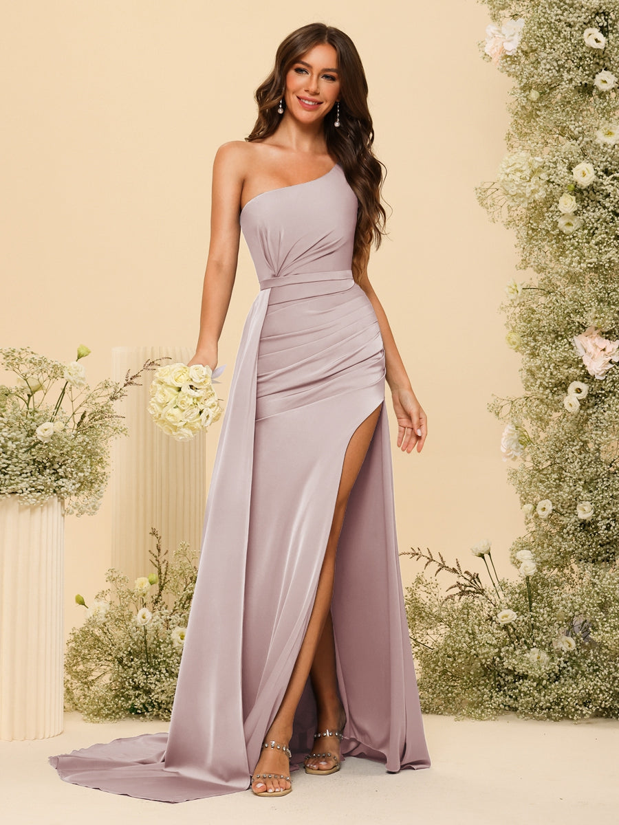 Sheath/Column One-Shoulder Long Formal Dresses with Split Side &amp; Ruched