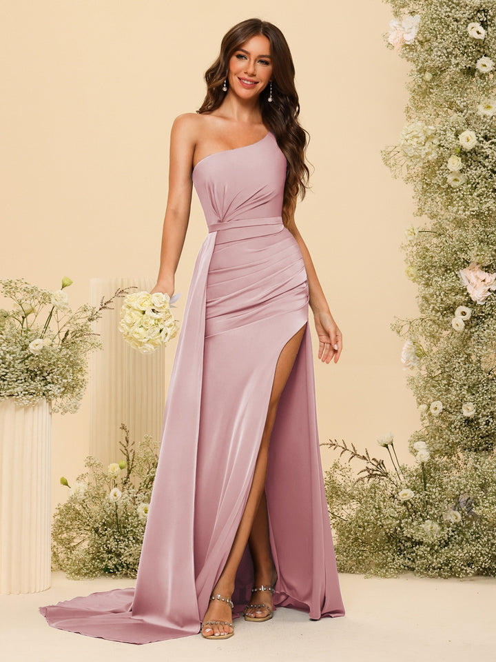 Sheath/Column One-Shoulder Long Formal Dresses with Split Side &amp; Ruched
