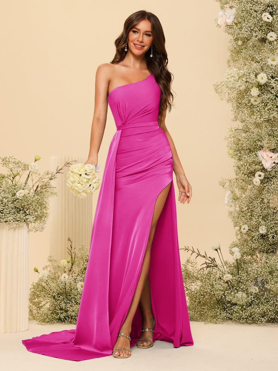 Sheath/Column One-Shoulder Long Formal Dresses with Split Side &amp; Ruched