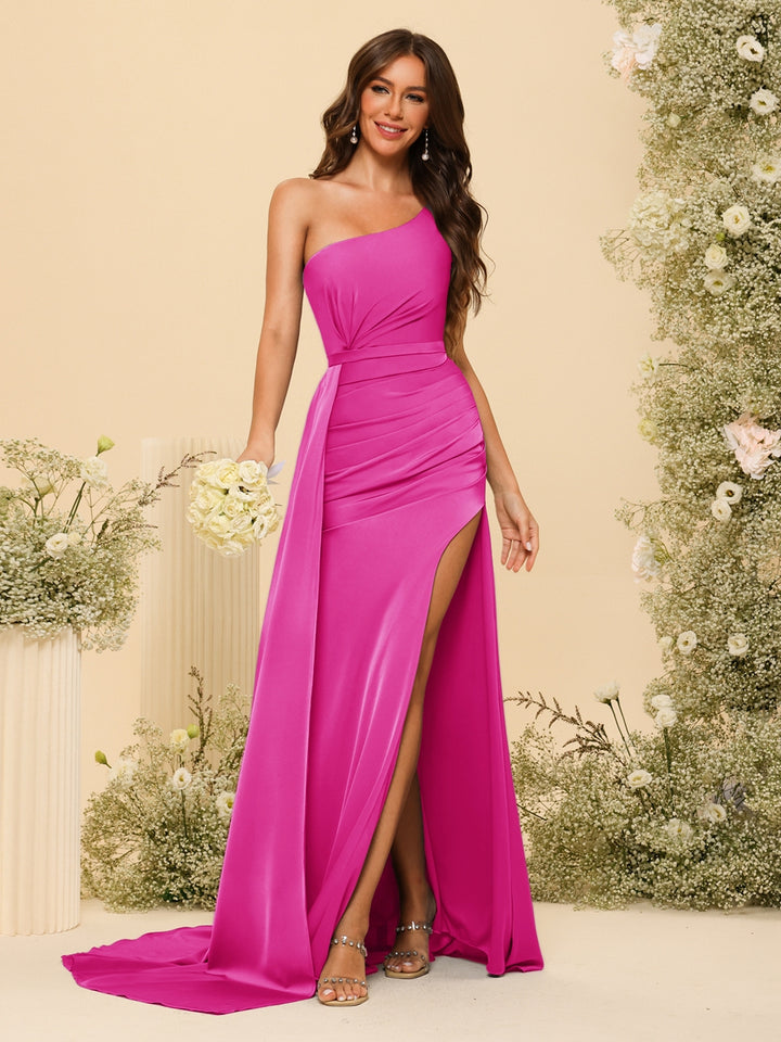 Sheath/Column One-Shoulder Long Formal Dresses with Split Side &amp; Ruched