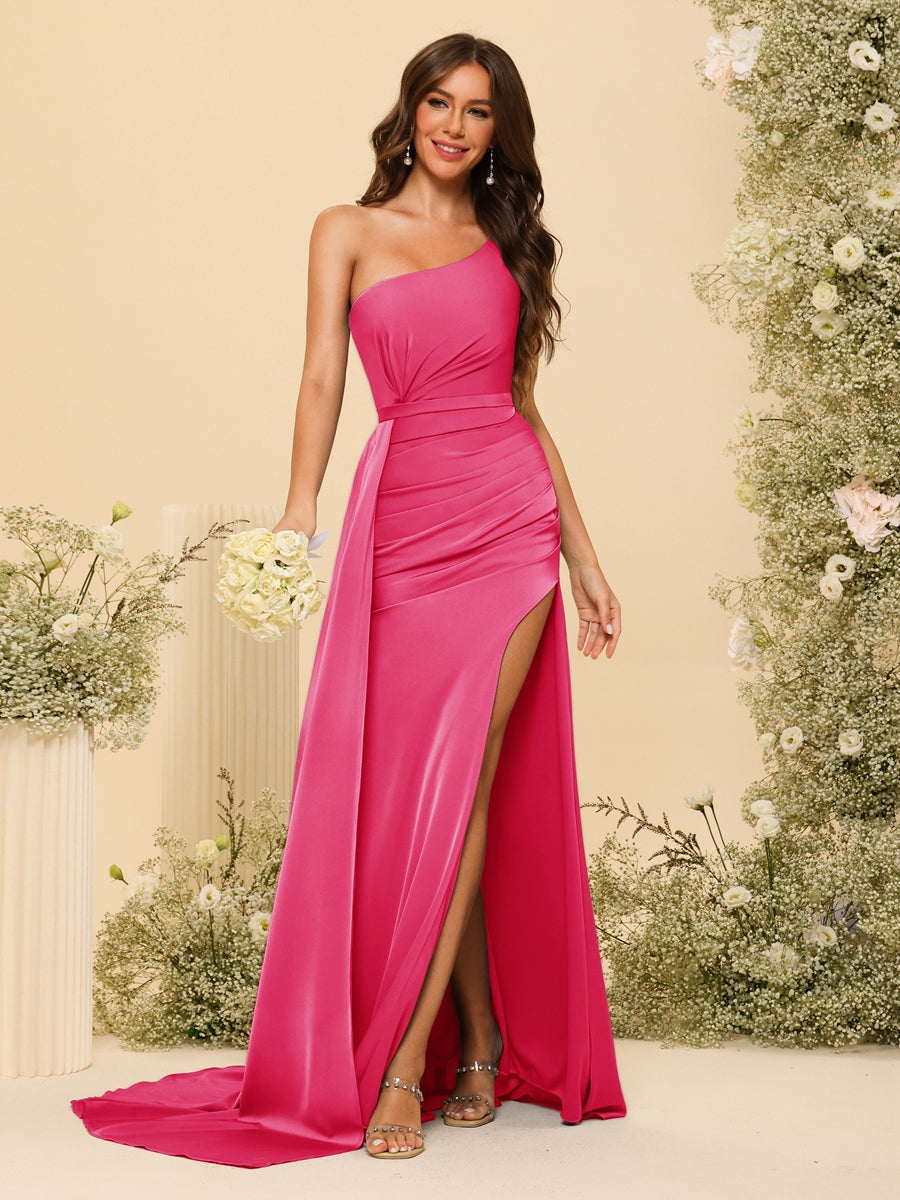 Sheath/Column One-Shoulder Long Formal Dresses with Split Side &amp; Ruched