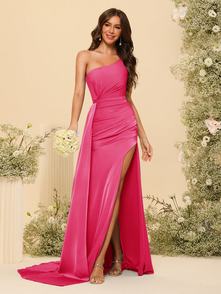 Sheath/Column One-Shoulder Long Formal Dresses with Split Side &amp; Ruched