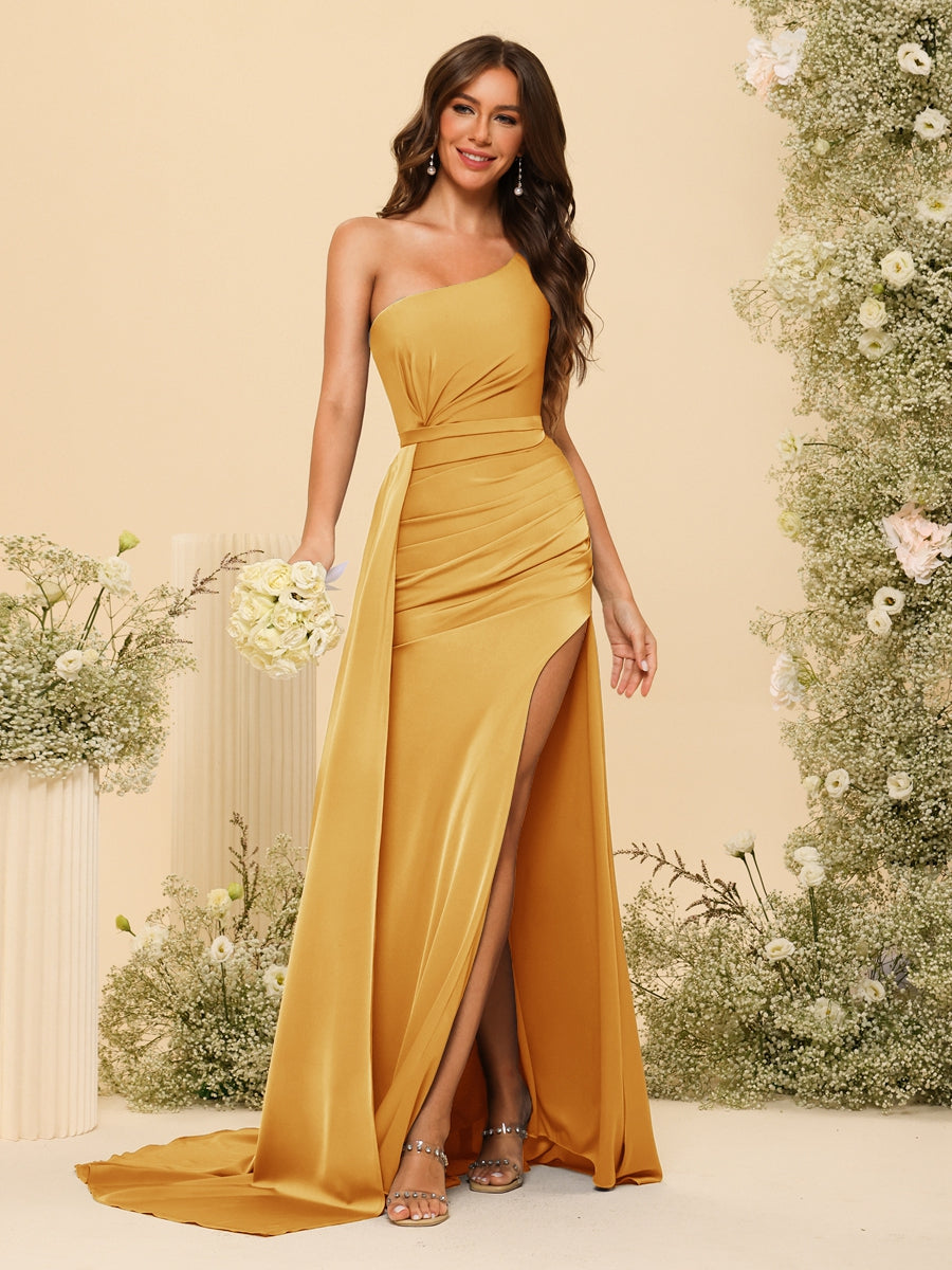 Sheath/Column One-Shoulder Long Formal Dresses with Split Side &amp; Ruched