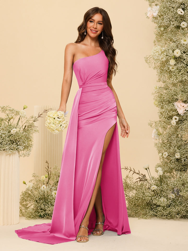 Sheath/Column One-Shoulder Long Formal Dresses with Split Side &amp; Ruched