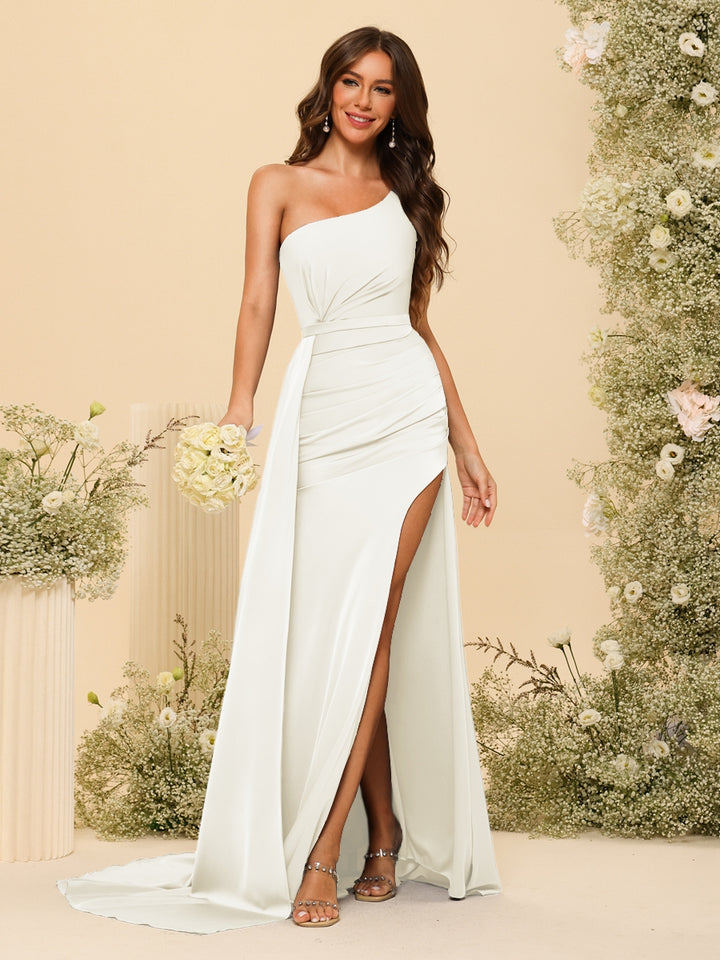 Sheath/Column One-Shoulder Long Formal Dresses with Split Side &amp; Ruched