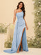 Sheath/Column One-Shoulder Long Formal Dresses with Split Side & Ruched