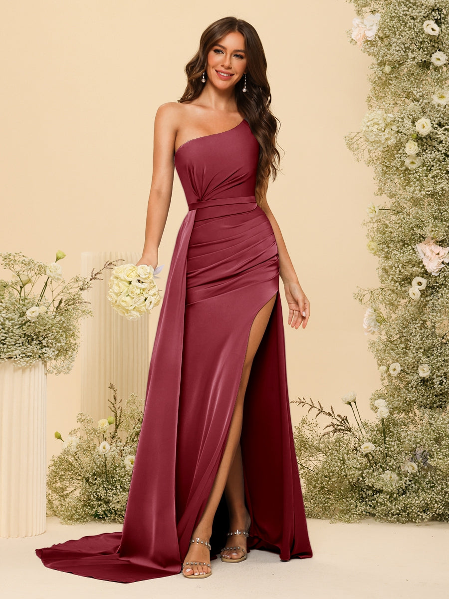 Sheath/Column One-Shoulder Long Formal Dresses with Split Side &amp; Ruched