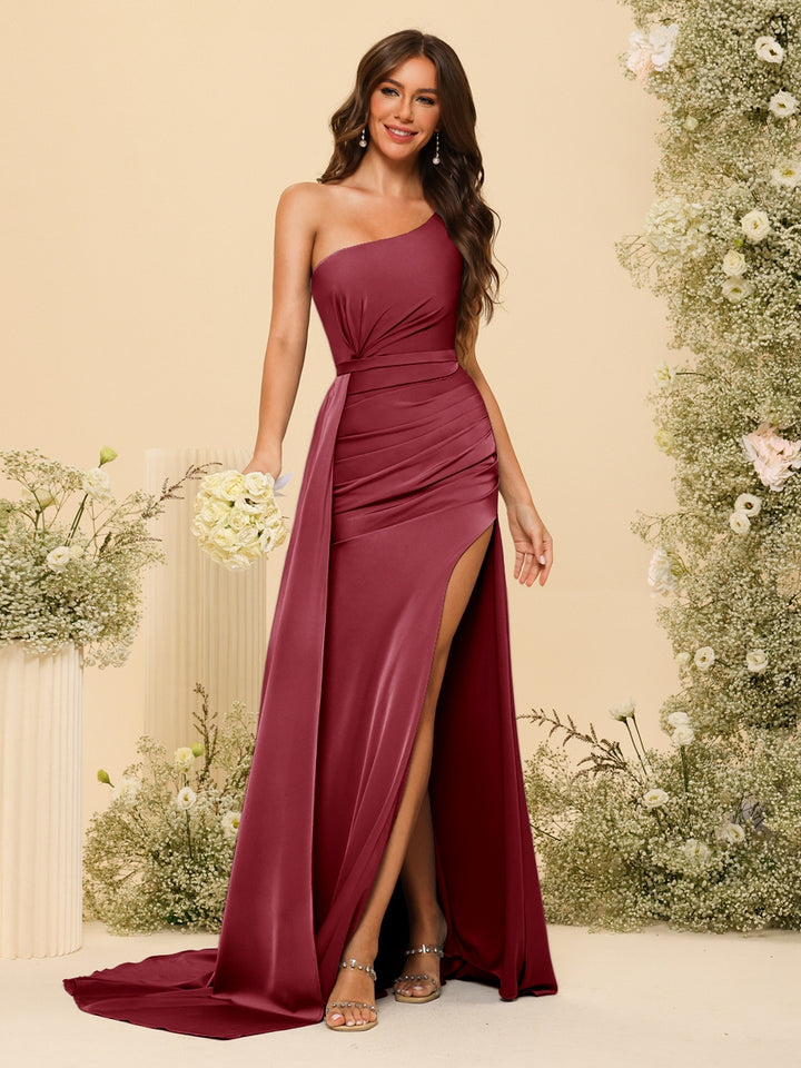 Sheath/Column One-Shoulder Long Formal Dresses with Split Side &amp; Ruched