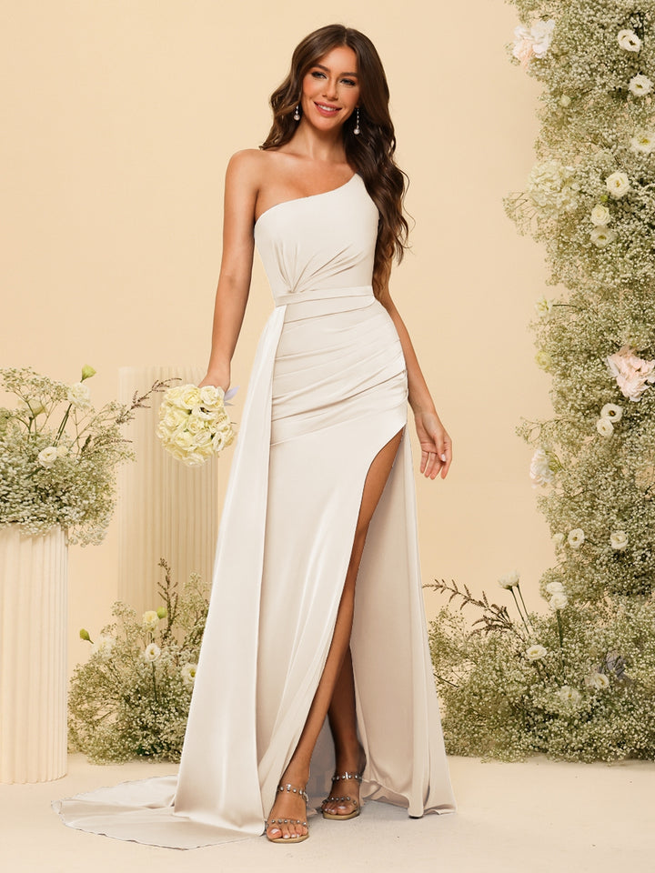 Sheath/Column One-Shoulder Long Formal Dresses with Split Side &amp; Ruched
