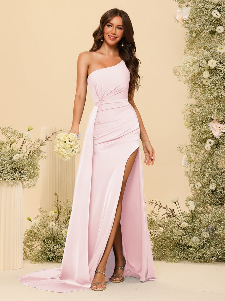 Sheath/Column One-Shoulder Long Formal Dresses with Split Side &amp; Ruched
