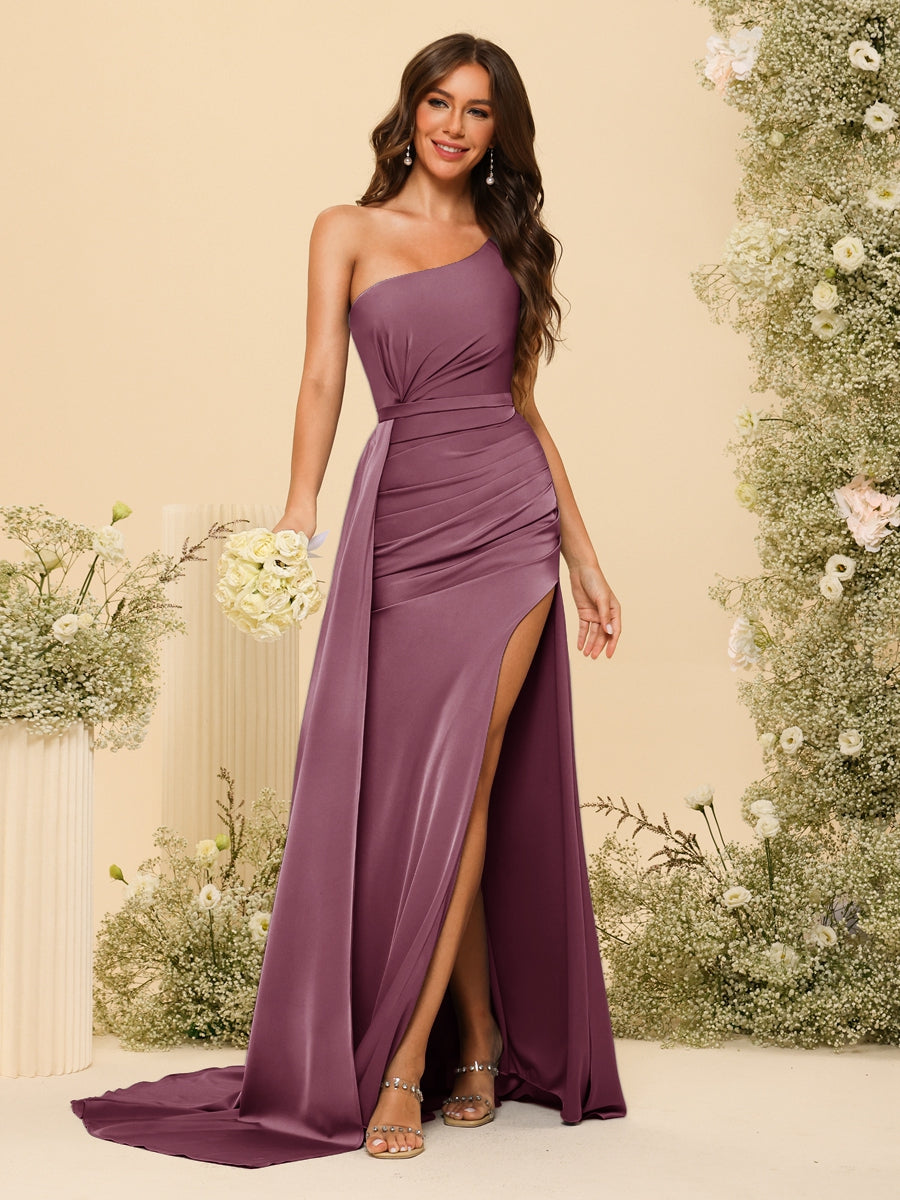 Sheath/Column One-Shoulder Long Formal Dresses with Split Side &amp; Ruched