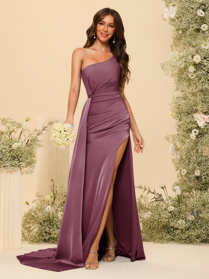 Sheath/Column One-Shoulder Long Formal Dresses with Split Side &amp; Ruched