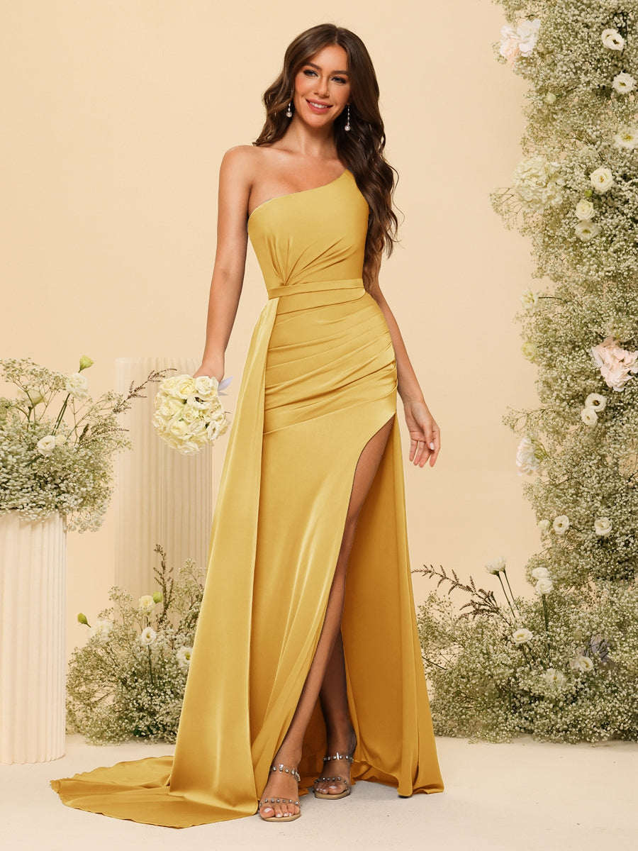 Sheath/Column One-Shoulder Long Formal Dresses with Split Side &amp; Ruched