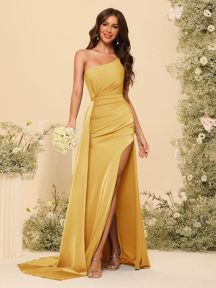 Sheath/Column One-Shoulder Long Formal Dresses with Split Side &amp; Ruched