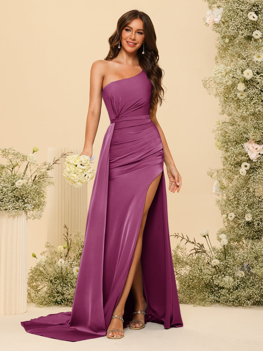 Sheath/Column One-Shoulder Long Formal Dresses with Split Side &amp; Ruched