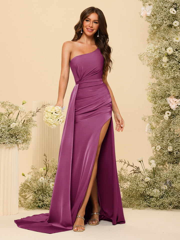 Sheath/Column One-Shoulder Long Formal Dresses with Split Side &amp; Ruched