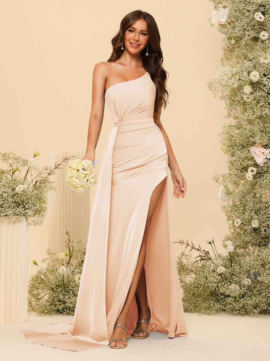 Sheath/Column One-Shoulder Long Formal Dresses with Split Side &amp; Ruched