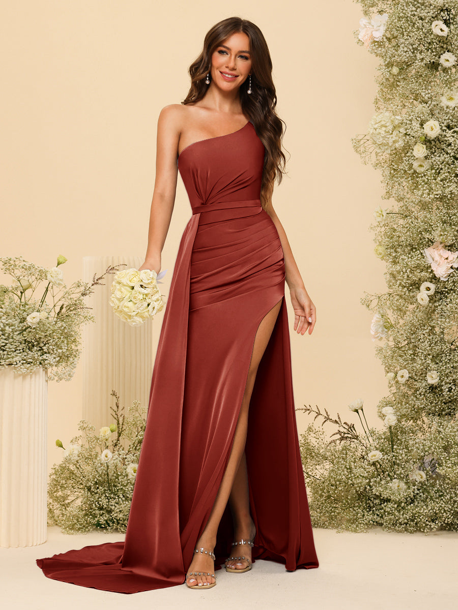 Sheath/Column One-Shoulder Long Formal Dresses with Split Side &amp; Ruched