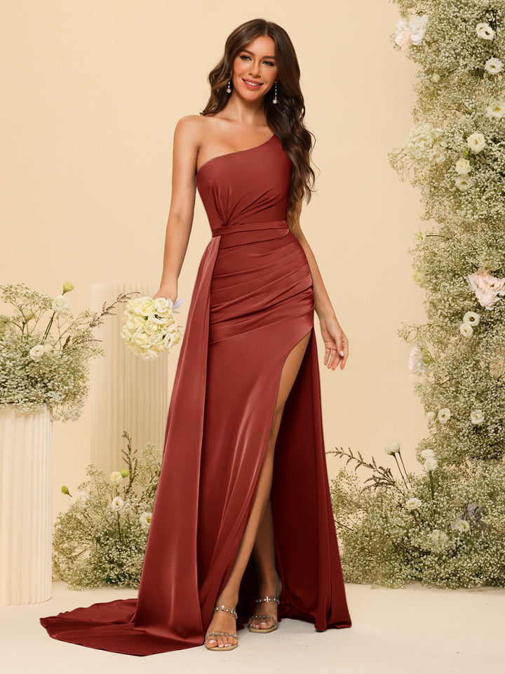 Sheath/Column One-Shoulder Long Formal Dresses with Split Side &amp; Ruched