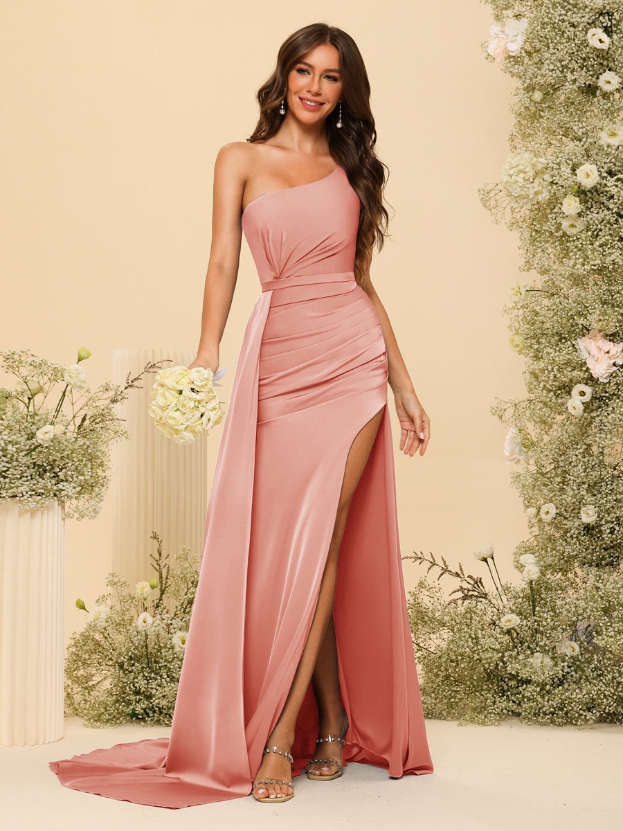 Sheath/Column One-Shoulder Long Formal Dresses with Split Side &amp; Ruched