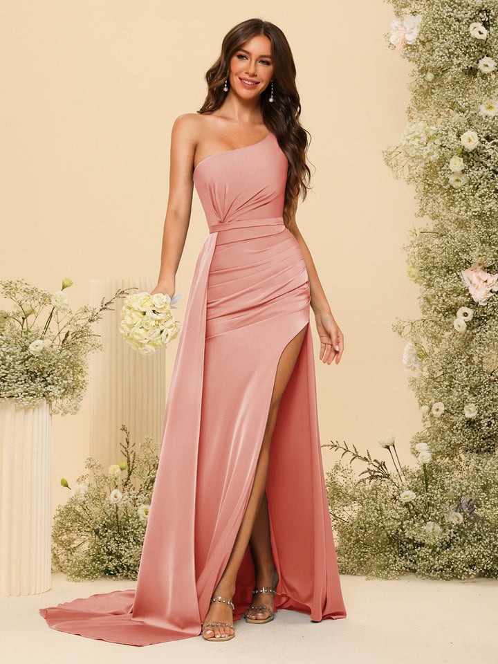 Sheath/Column One-Shoulder Long Formal Dresses with Split Side &amp; Ruched