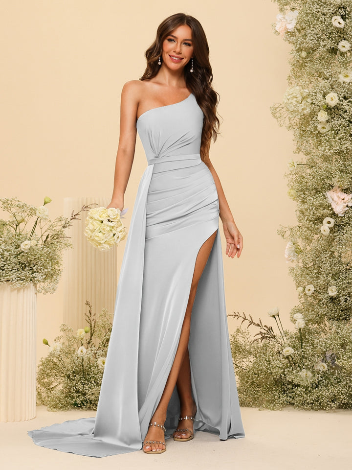 Sheath/Column One-Shoulder Long Formal Dresses with Split Side &amp; Ruched