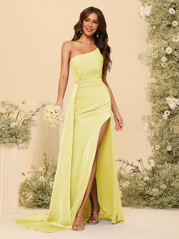 Sheath/Column One-Shoulder Long Formal Dresses with Split Side &amp; Ruched