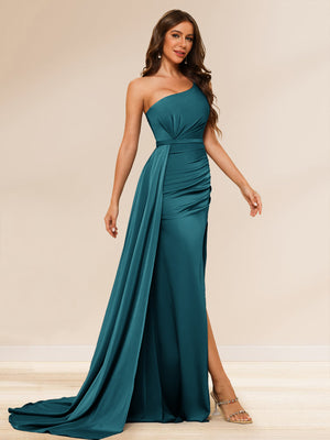 Sheath/Column One-Shoulder Long Evening Dresses with Split Side & Ruched