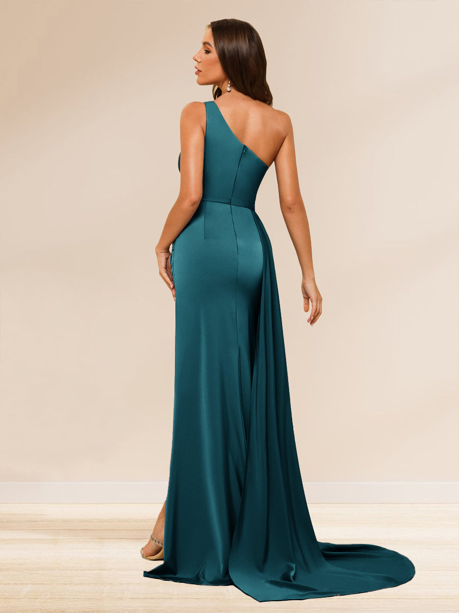 Sheath/Column One-Shoulder Long Evening Dresses with Split Side &amp; Ruched