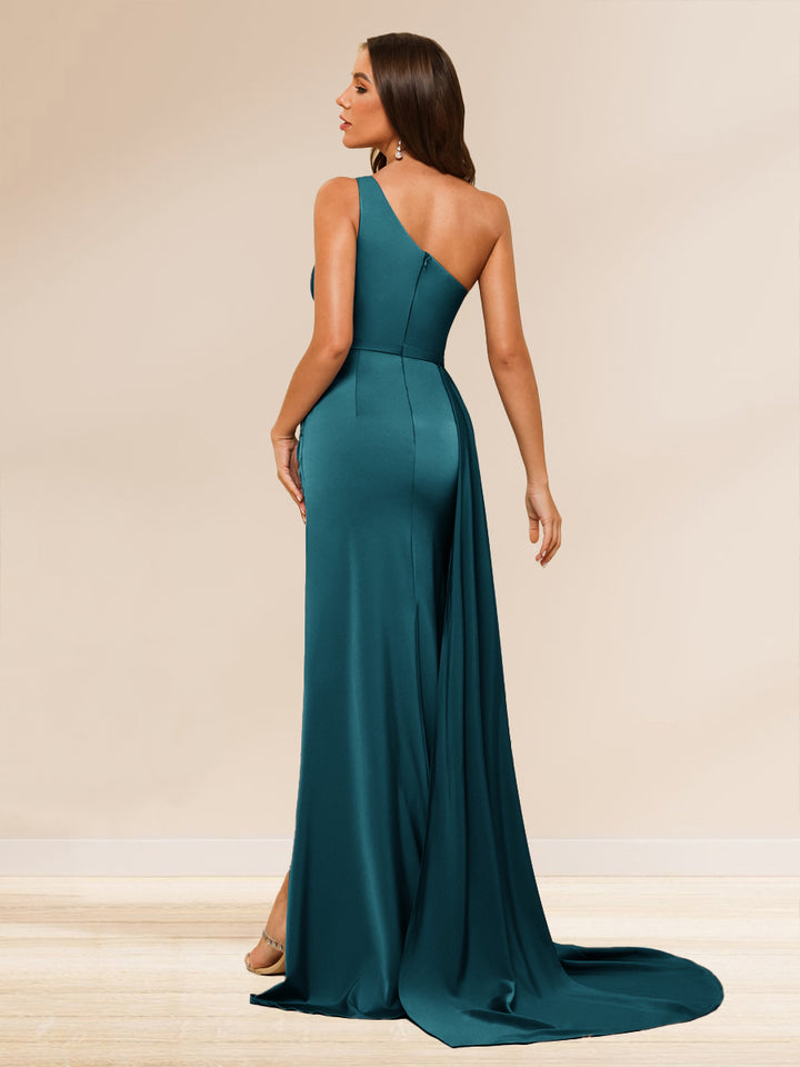 Sheath/Column One-Shoulder Long Evening Dresses with Split Side &amp; Ruched