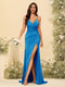 Sheath/Column V-Neck Spaghetti Straps Long Formal Dresses with Split Side