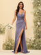Sheath/Column V-Neck Spaghetti Straps Long Formal Dresses with Split Side