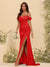 Sheath/Column Off-the-Shoulder Spaghetti Straps Long Formal Dresses with Split Side
