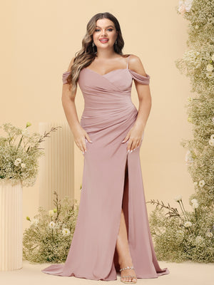 Sheath/Column Off-the-Shoulder Spaghetti Straps Long Plus Size Formal Dresses with Split Side