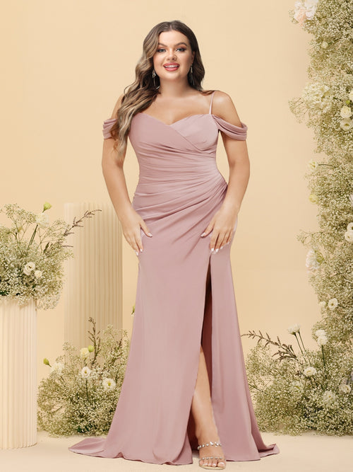 Sheath/Column Off-the-Shoulder Spaghetti Straps Long Plus Size Formal Dresses with Split Side