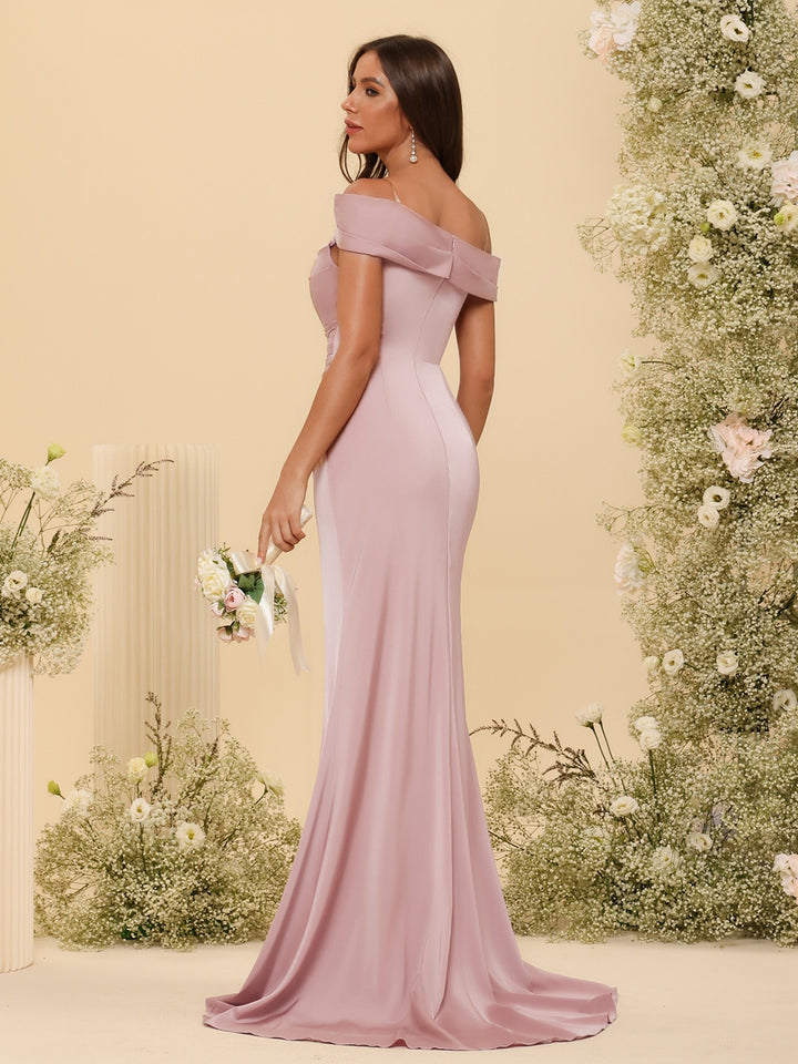 Sheath/Column Off-the-Shoulder Long Formal Dresses with Split Side &amp; Ruched
