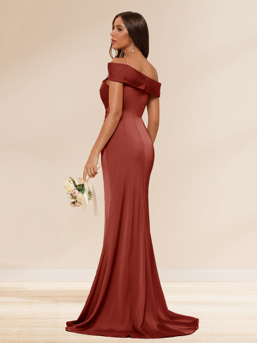 Sheath/Column Off-the-Shoulder Long Evening Dresses with Split Side &amp; Ruched