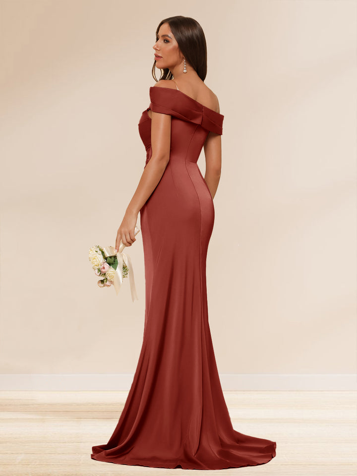 Sheath/Column Off-the-Shoulder Long Evening Dresses with Split Side &amp; Ruched