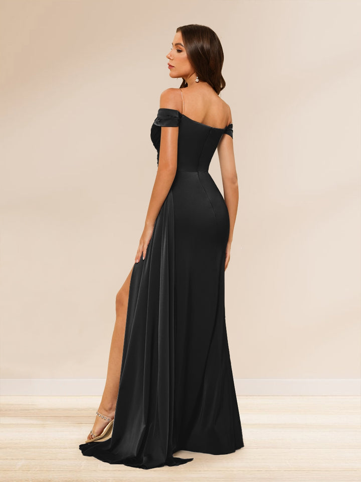 Sheath/Column Off-the-Shoulder Long Evening Dresses with Split Side &amp; Ruched