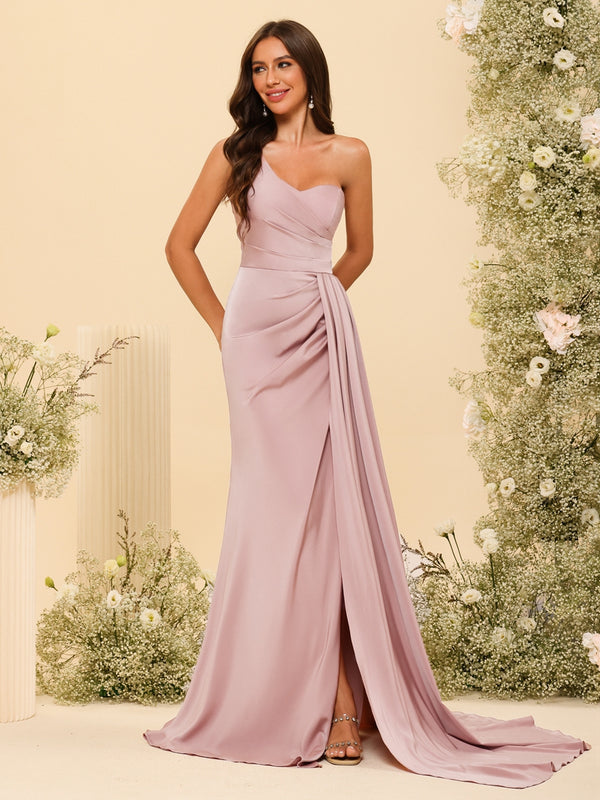Sheath/Column One-Shoulder Sweetheart Long Formal Dresses with Split Side